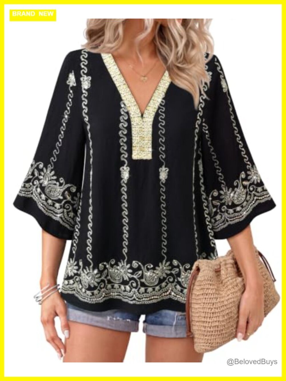 Womens Embroidered Sequin Boho Blouse Bell Sleeve V-Neck Vacation Top